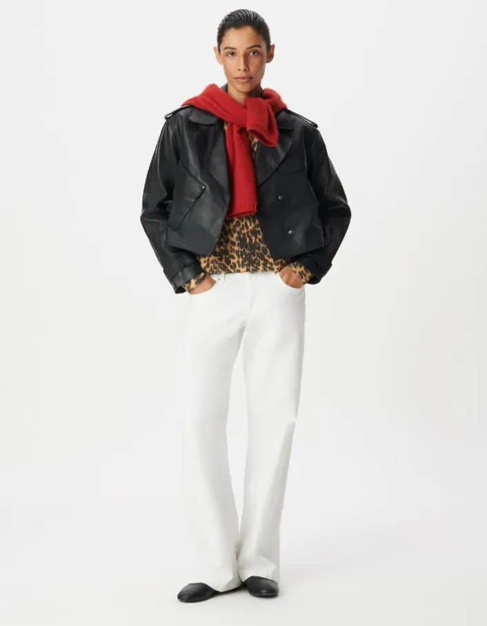 Veste cuir noir bavolet et poche biais Femme