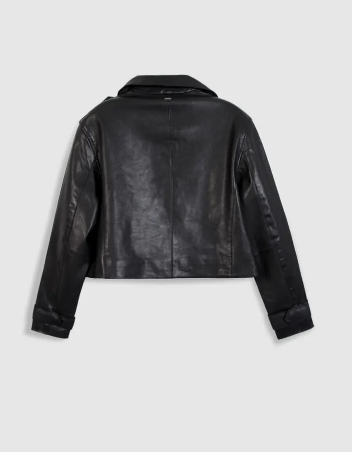 Veste cuir noir bavolet et poche biais Femme