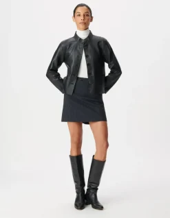 Veste cuir noir col montant Femme