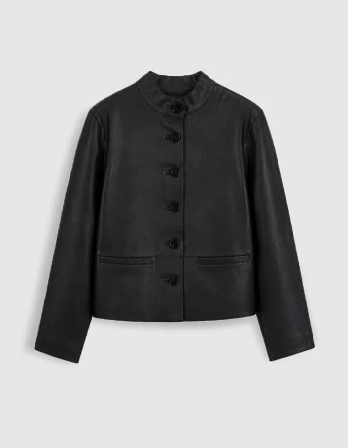 Veste cuir noir col montant Femme