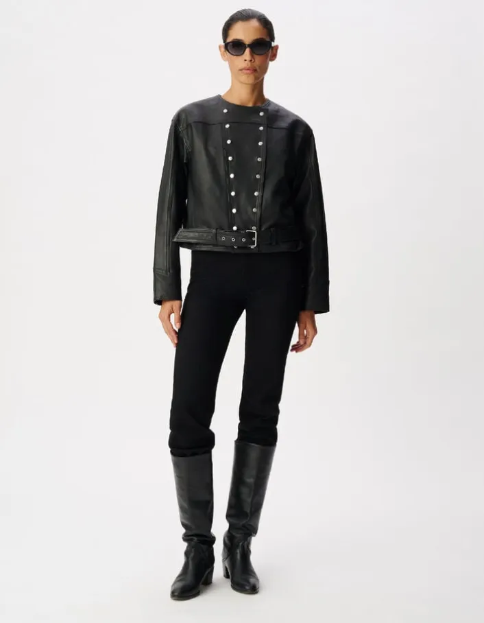 Veste cuir noir courte loose avec ceinture Femme