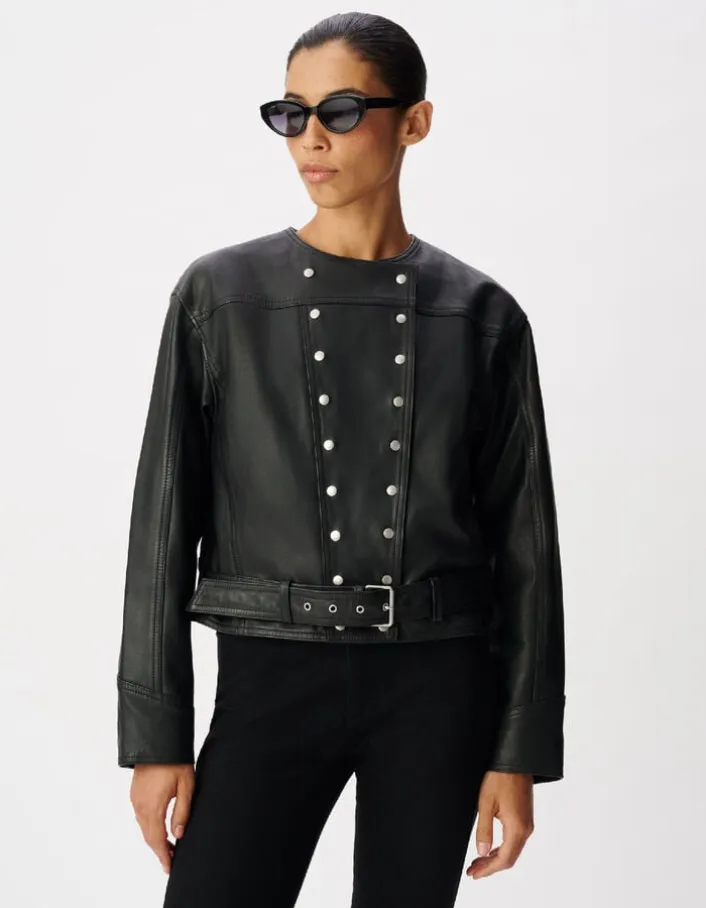 Veste cuir noir courte loose avec ceinture Femme