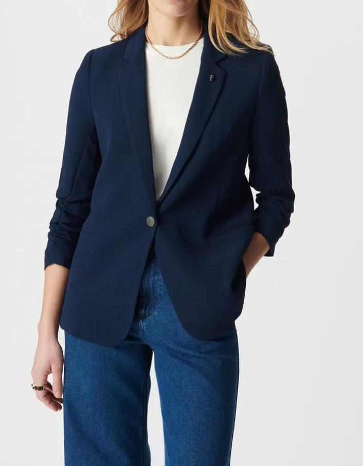 Veste de tailleur marine manches 3/4 froncées Femme