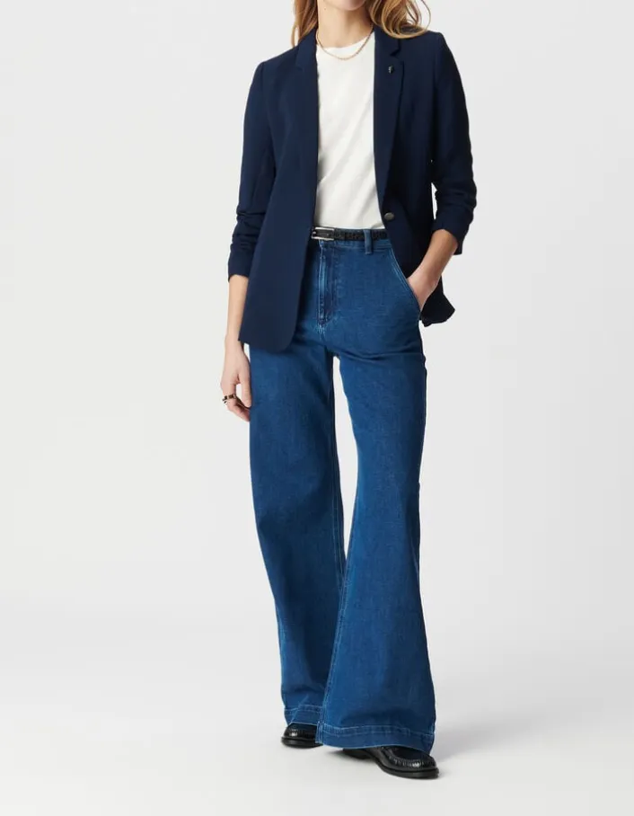 Veste de tailleur marine manches 3/4 froncées Femme
