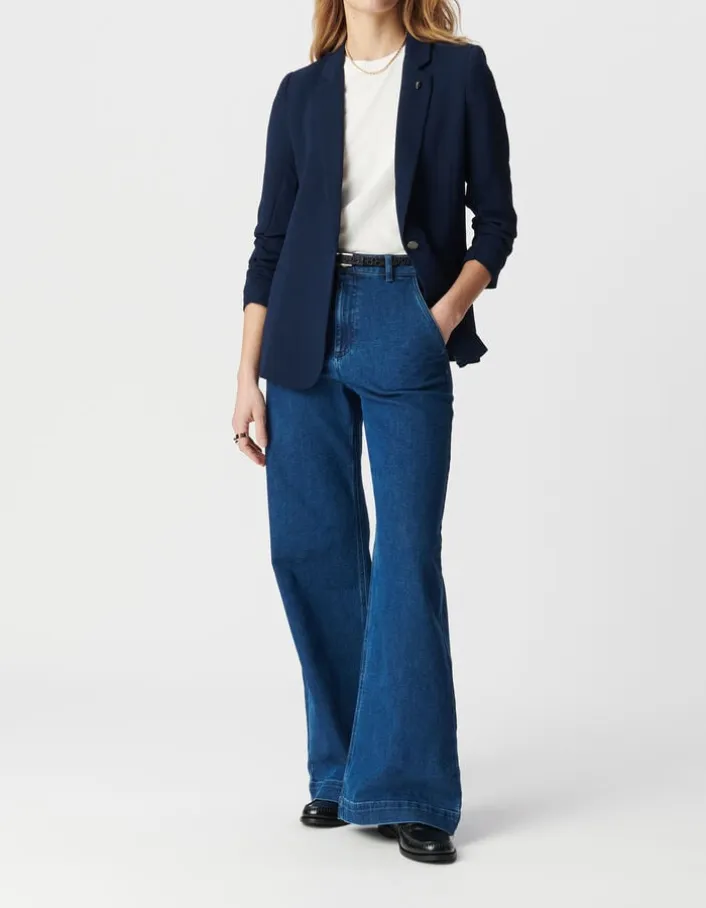 Veste de tailleur marine manches 3/4 froncées Femme