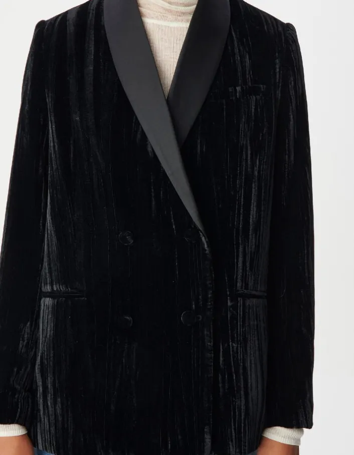 Veste de tailleur noire panne de velours relief Femme