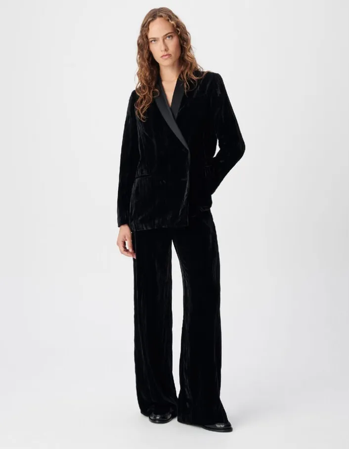 Veste de tailleur noire panne de velours relief Femme