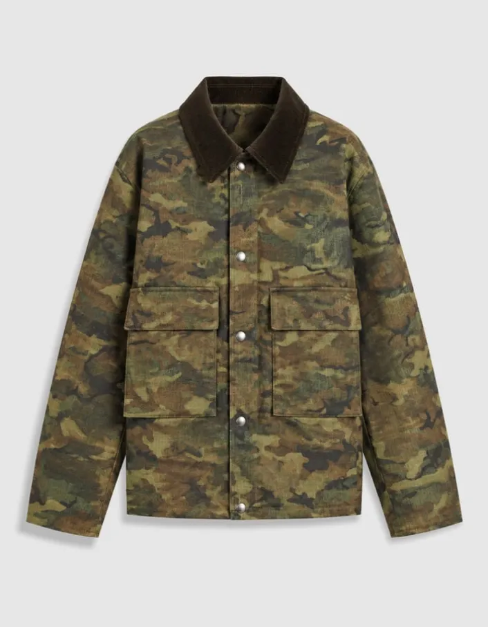 Veste kaki camouflage waxée multi poches col velours Homme