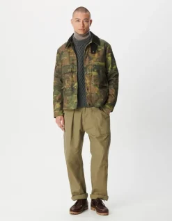 Veste kaki camouflage waxée multi poches col velours Homme