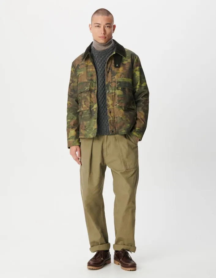 Veste kaki camouflage waxée multi poches col velours Homme