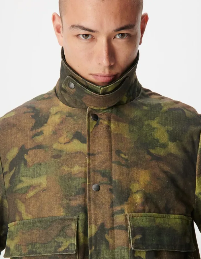 Veste kaki camouflage waxée multi poches col velours Homme