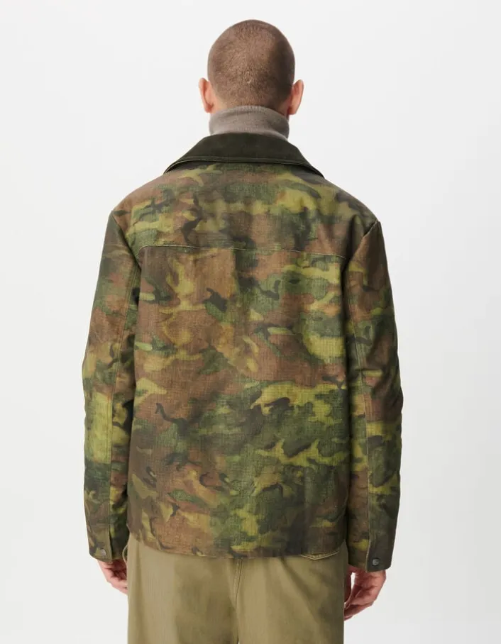 Veste kaki camouflage waxée multi poches col velours Homme