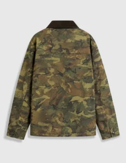 Veste kaki camouflage waxée multi poches col velours Homme