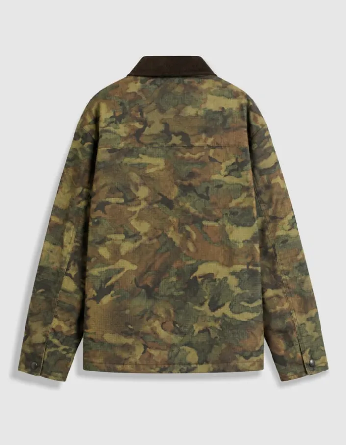 Veste kaki camouflage waxée multi poches col velours Homme