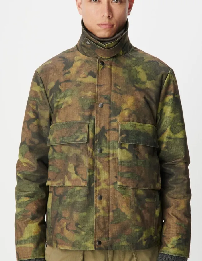 Veste kaki camouflage waxée multi poches col velours Homme