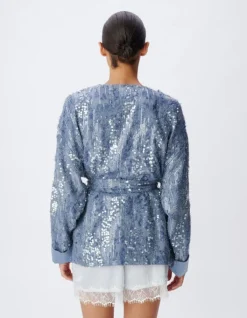 Veste oversize bleue brodée sequins esprit kimono Femme