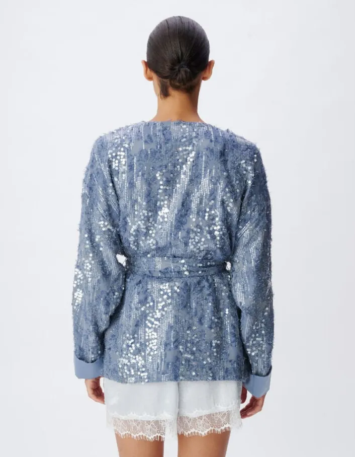Veste oversize bleue brodée sequins esprit kimono Femme