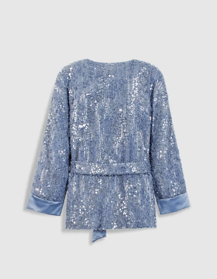 Veste oversize bleue brodée sequins esprit kimono Femme