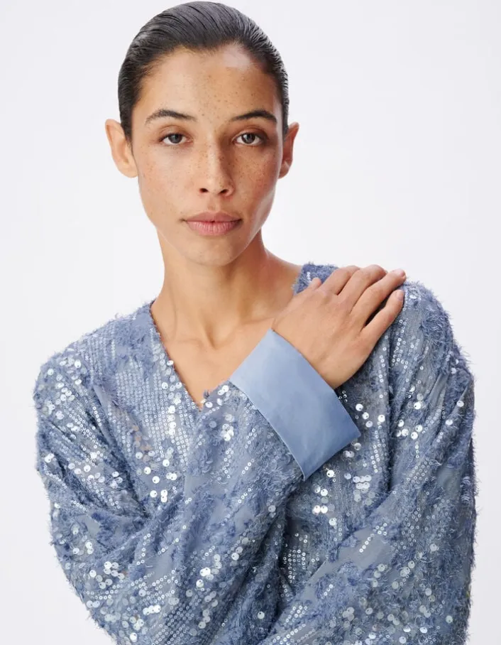 Veste oversize bleue brodée sequins esprit kimono Femme