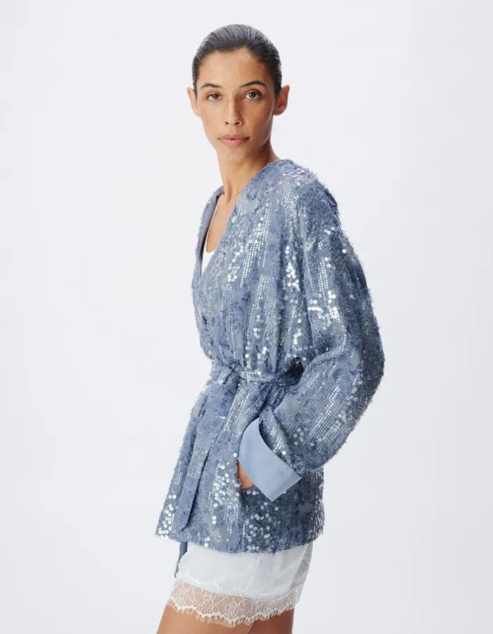 Veste oversize bleue brodée sequins esprit kimono Femme