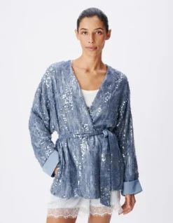 Veste oversize bleue brodée sequins esprit kimono Femme