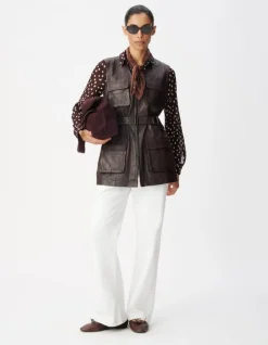 Veste saharienne cuir marron ceinturée Femme
