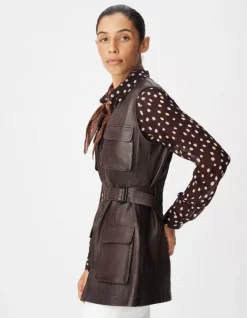 Veste saharienne cuir marron ceinturée Femme