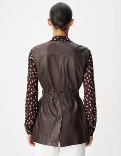 Veste saharienne cuir marron ceinturée Femme